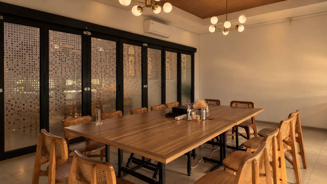 Ruang makan privat bernuansa kayu hangat